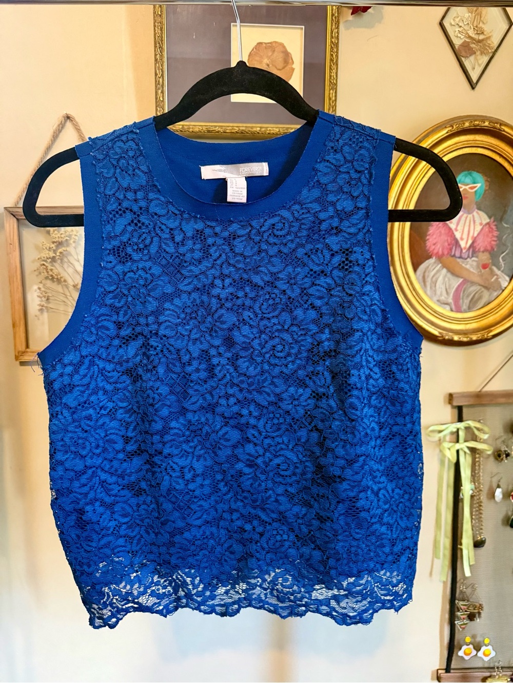Forever 21 Cobalt Blue Floral Lace Sleeveless Camisole